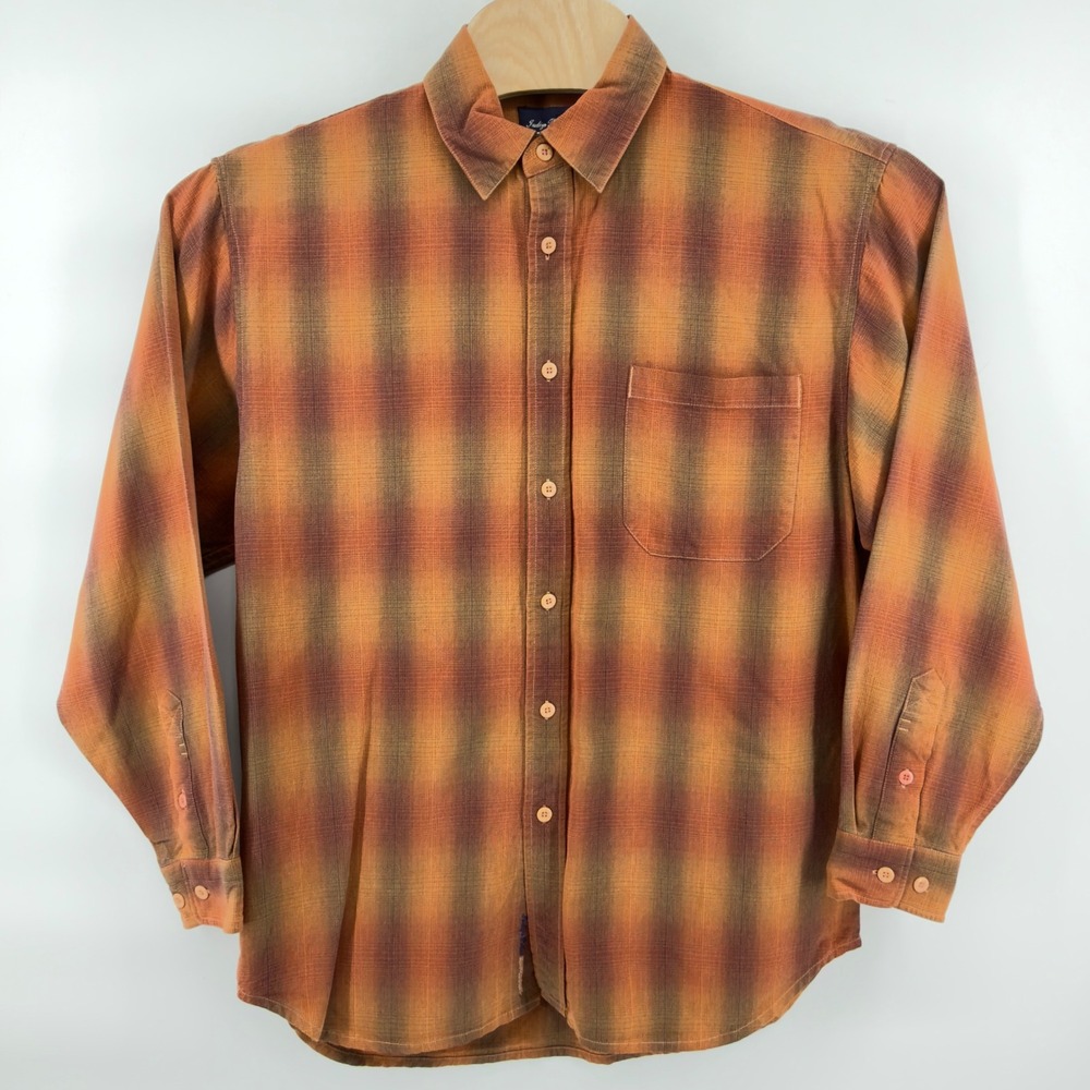 Indigo Palms Button Front Shirt Mens M Orange Brown Gold Ombre Plaid Tencel